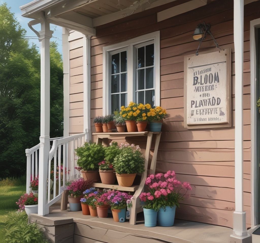 A wooden sign leaning against a porch wall that reads "Bloom Where You’re Planted," surrounded by flower pots and pastel accents.