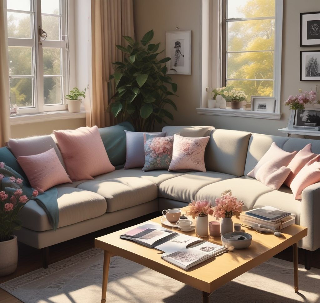 A cozy, sunlit living room with a vision board on a coffee table surrounded by pastel-colored sticky notes and a cup of coffee. Include minimalistic furniture and fresh flowers on the side table for a spring vibe.