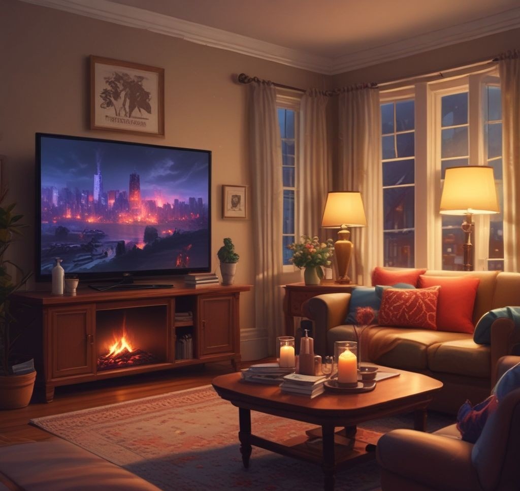A living room scene with a candlelit atmosphere, a glass of wine, a cozy blanket draped over a couch, and a streaming movie playing on a large TV. Add a plate of snacks for a relaxing post-cleaning reward.