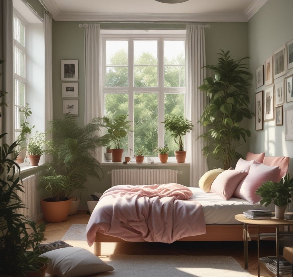 A clean and tidy home with distinct areas: a neat bedroom, a sparkling kitchen, and an organized bathroom visible through open doorways. Each space has subtle spring touches like plants, floral cushions, and pastel decorations.