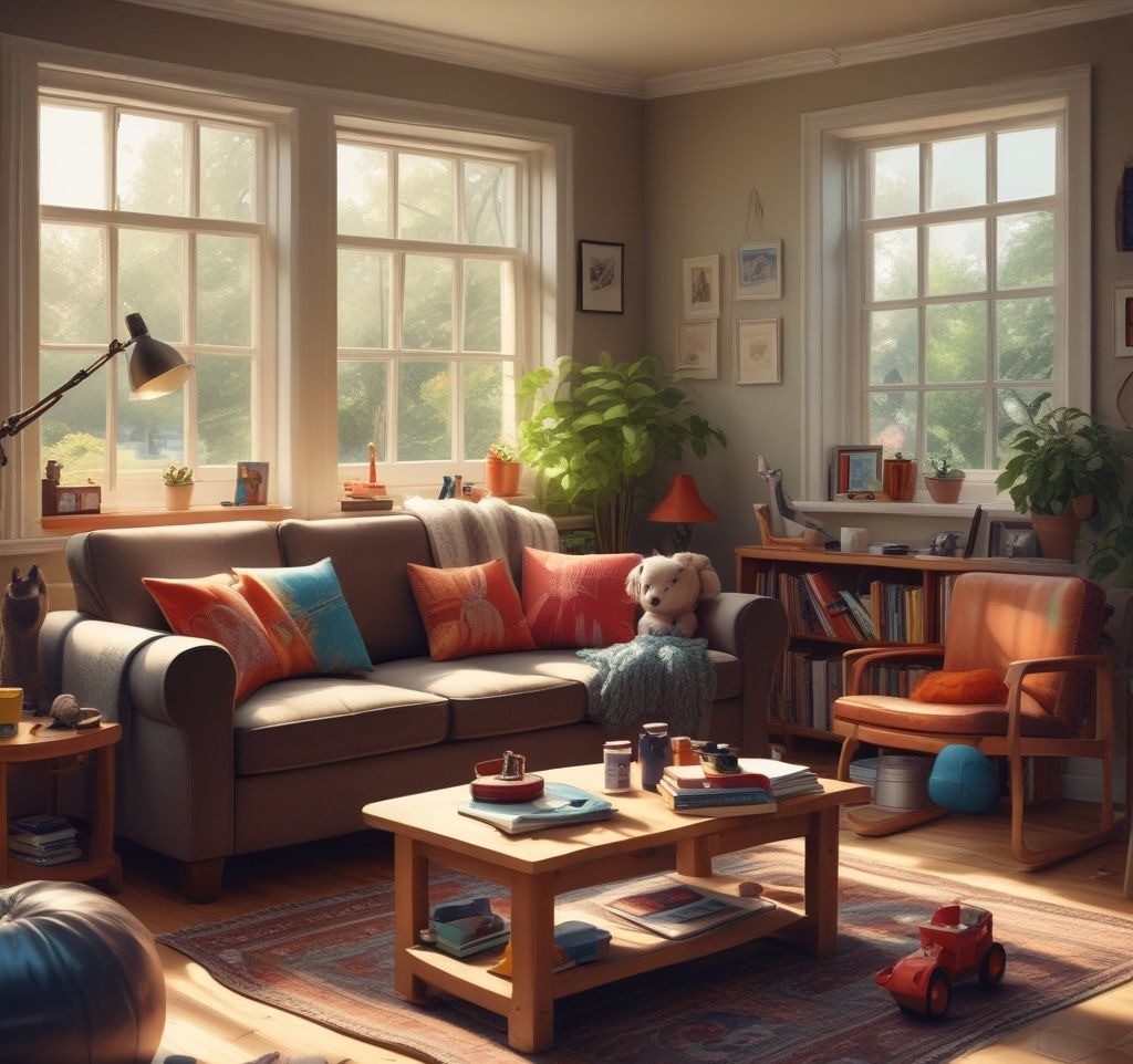 A vibrant image of a tidy living room with a family-friendly setup: toys neatly stored, a wiped-down coffee table, and a vacuum cleaner in the corner, with sunlight streaming through large windows.