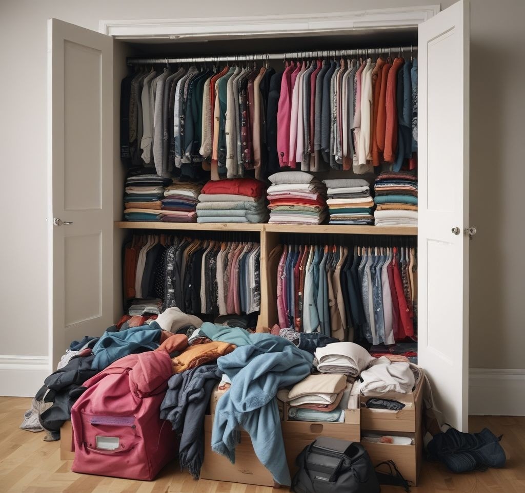 A cluttered closet with half of its contents removed, showing neat piles of clothes to donate, keep, and store. Add labels or bins for sorting, with a person folding clothes.
