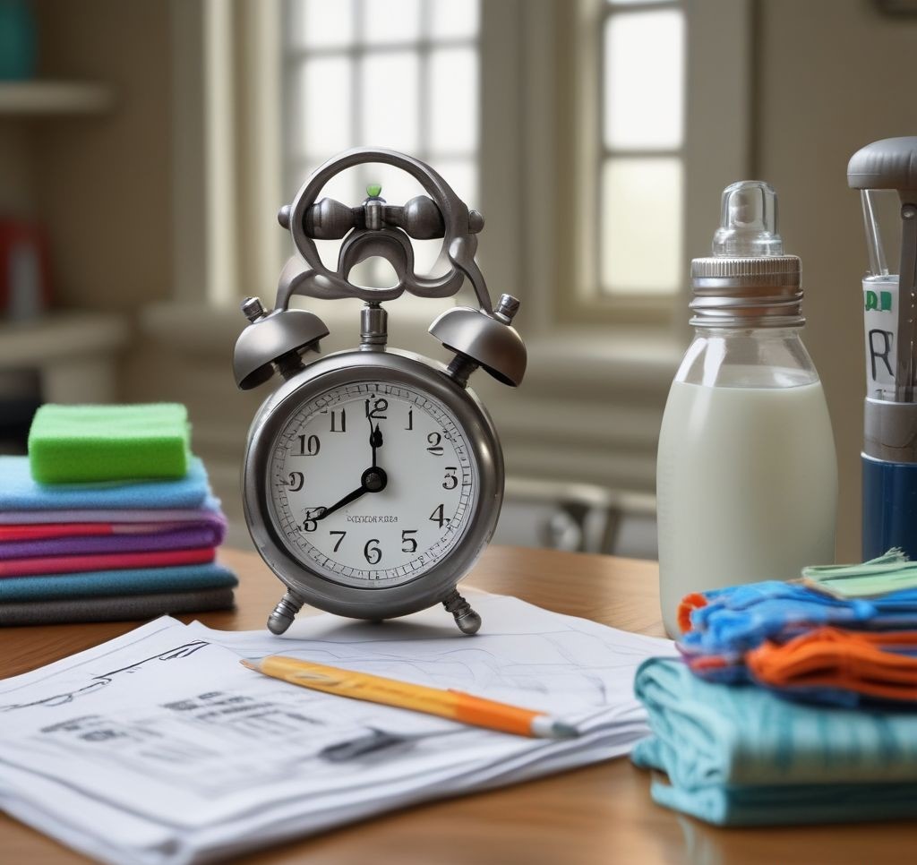 A kitchen timer and a checklist on a table with cleaning supplies like microfiber cloths, a spray bottle, and gloves. Show a clock in the background to emphasize time management.