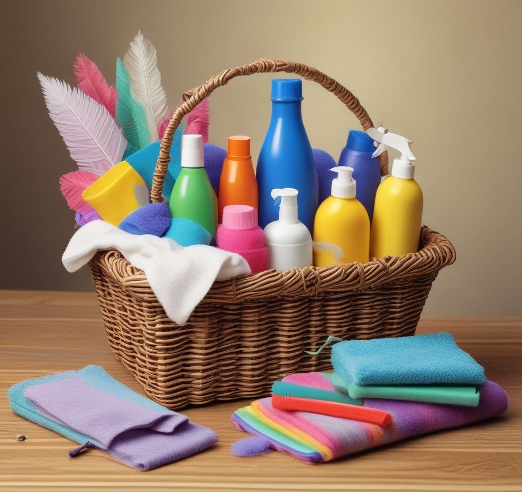 A basket filled with spring cleaning supplies: colorful microfiber cloths, eco-friendly cleaning sprays, a feather duster, and sponges. Place the basket on a wooden table against a soft spring-themed backdrop.