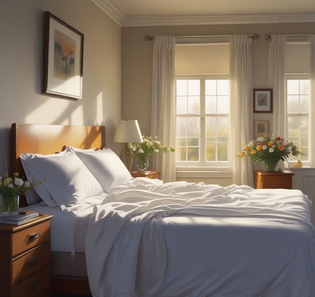 A bedroom scene showing someone flipping a mattress with freshly laundered white sheets and sunlight pouring in. Add an air purifier and a bouquet of tulips on the nightstand.