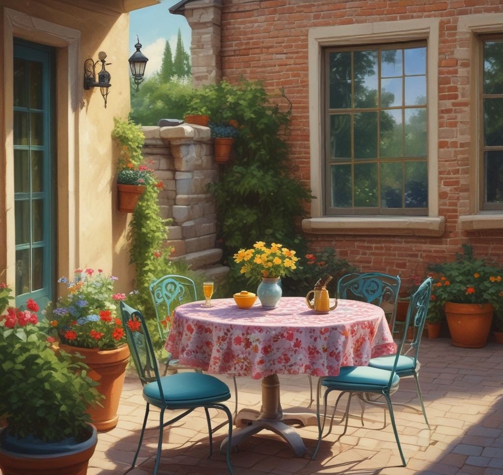 A small patio with freshly cleaned outdoor furniture, a colorful spring-themed tablecloth, potted plants, and a broom leaning against the wall. Include greenery in the background for a fresh outdoor feel.