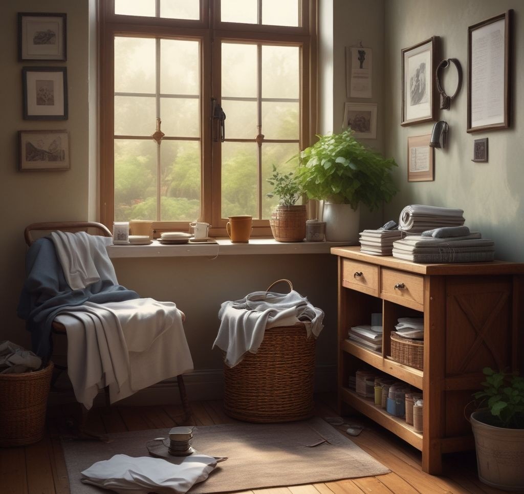 A cozy corner with a half-done checklist on a table, a steaming cup of tea, and a partially folded laundry basket. A relaxed vibe shows that progress, not perfection, is the goal.