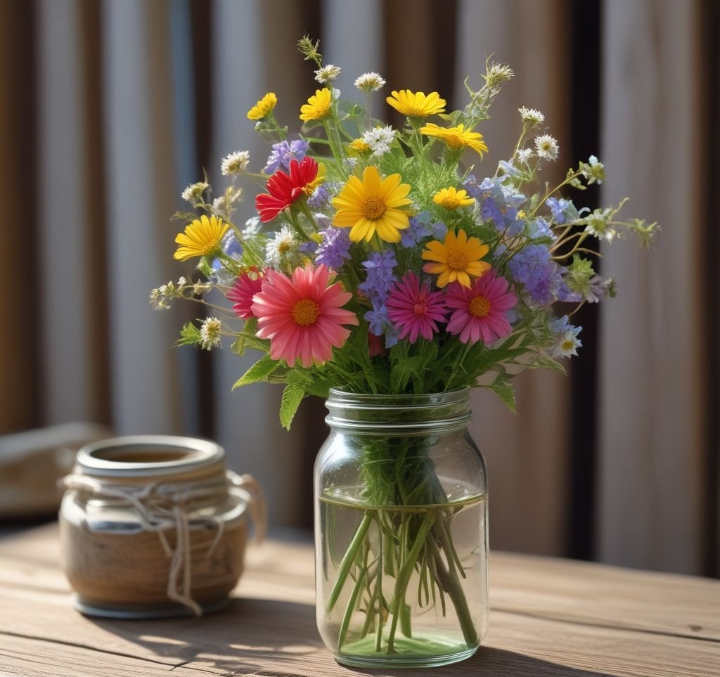 A simple arrangement of freshly picked wildflowers in a mason jar placed on a porch table, next to a bundle of twigs tied with twine. The background includes a wooden porch railing and greenery beyond.