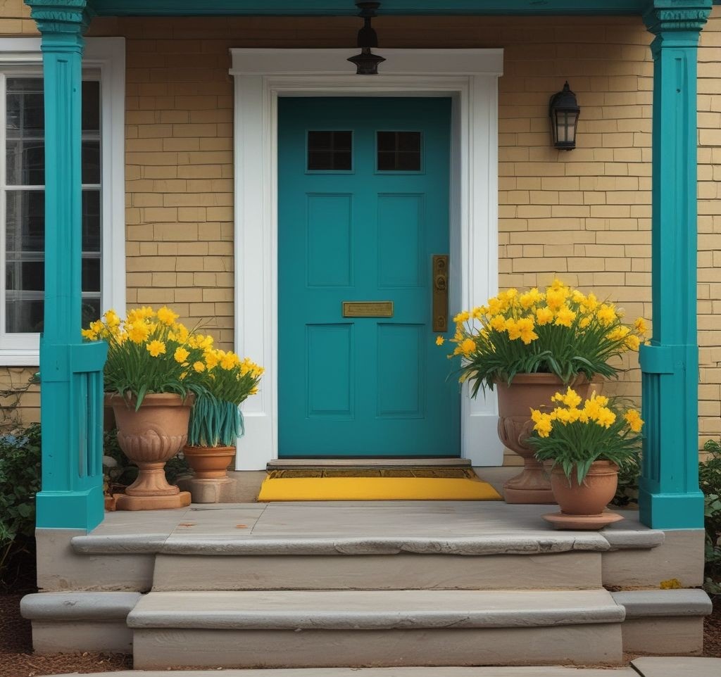 A vibrant teal-painted front door with a matching flower pot filled with bright yellow daffodils. The clean, fresh paint job adds life to the porch, which features a minimal yet cheerful setup.