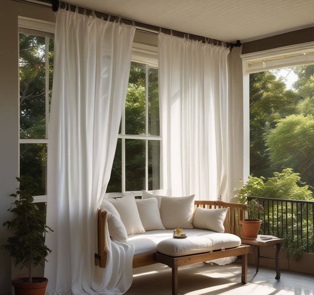 A small porch framed with sheer white outdoor curtains tied back with simple ropes, creating a cozy and private nook. Inside the space, a small chair with cushions and a side table sit invitingly.