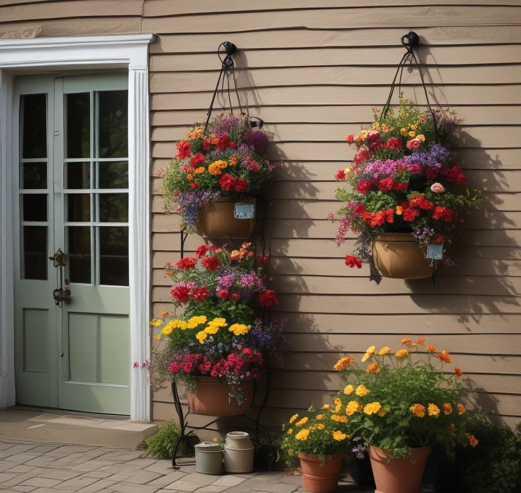A vertical arrangement on a porch wall featuring shelves with small potted plants, lanterns, and spring-themed decorations. Hanging baskets filled with blooming flowers are also part of the arrangement.