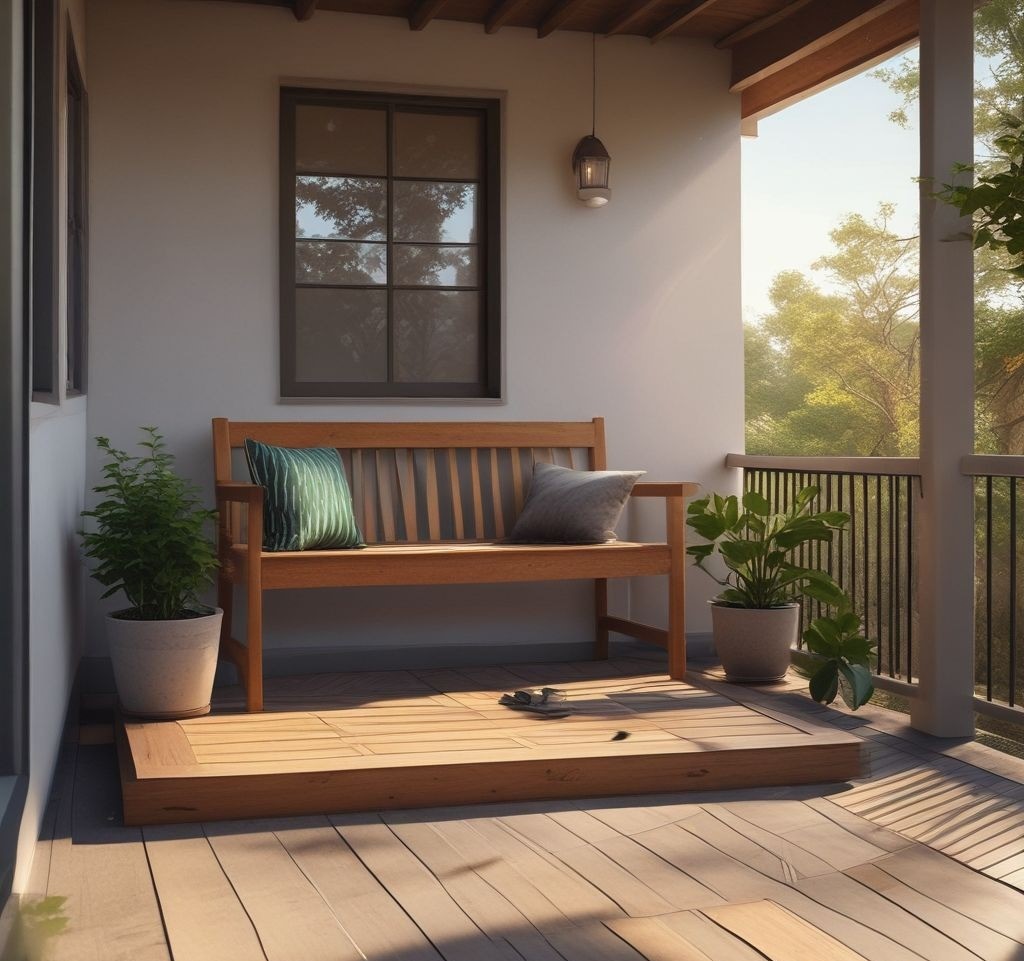A minimalist porch setup with just a clean wooden bench, a single large potted plant, and a small welcome mat. The space is tidy and inviting, with sunlight streaming in to highlight its simplicity.