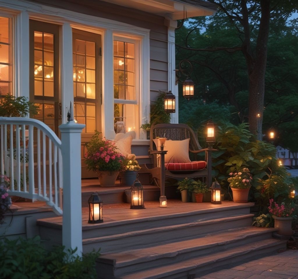 A cozy porch at dusk with warm string lights draped along the railings and battery-powered lanterns glowing softly on the steps. The scene is inviting, with a soft glow highlighting the surrounding plants and furniture.