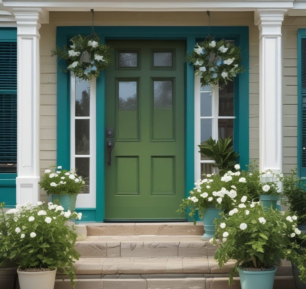 A close-up of a bold, brightly painted front door in teal with a large spring wreath featuring fresh greenery and white flowers. The surrounding porch décor is minimal, drawing all attention to the door.
