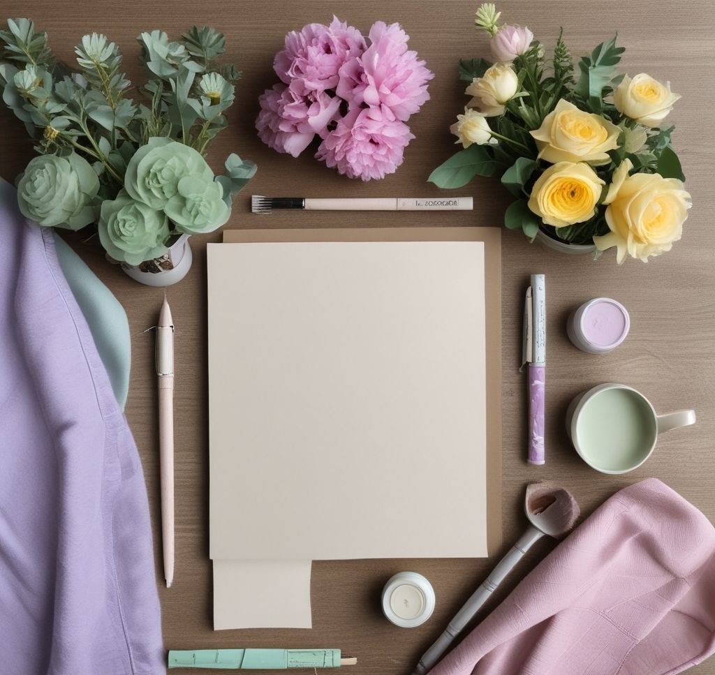 A flat lay of spring table decor items arranged in a palette of pastel tones, including lavender, blush pink, mint green, and soft yellow. Featured are swatches of cloth, small floral accents, and a notebook with theme ideas. Bright natural light filtering through a window adds a fresh ambiance.