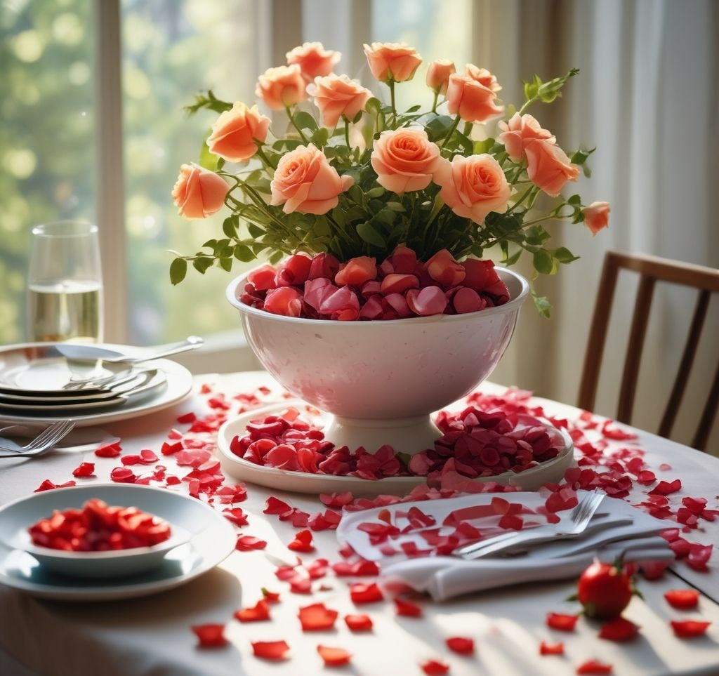 A spring-themed dining table sprinkled with rose petals, fresh fruit in a decorative bowl, and ribbons tied around cutlery. The table is surrounded by natural sunlight for a fresh and inviting look.
