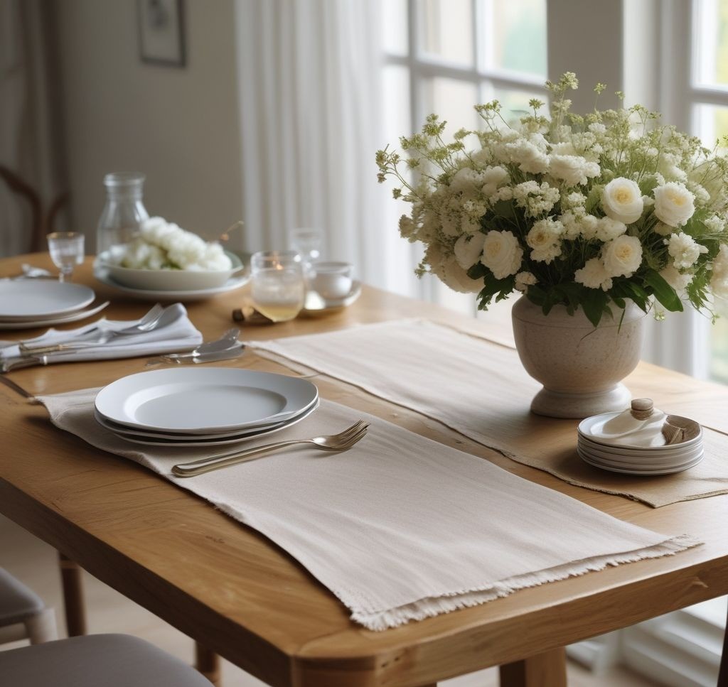 A rustic wooden dining table adorned with a soft linen table runner in light beige, paired with small floral patterns. The table's natural texture shines through, complemented by a fresh bouquet in the background.