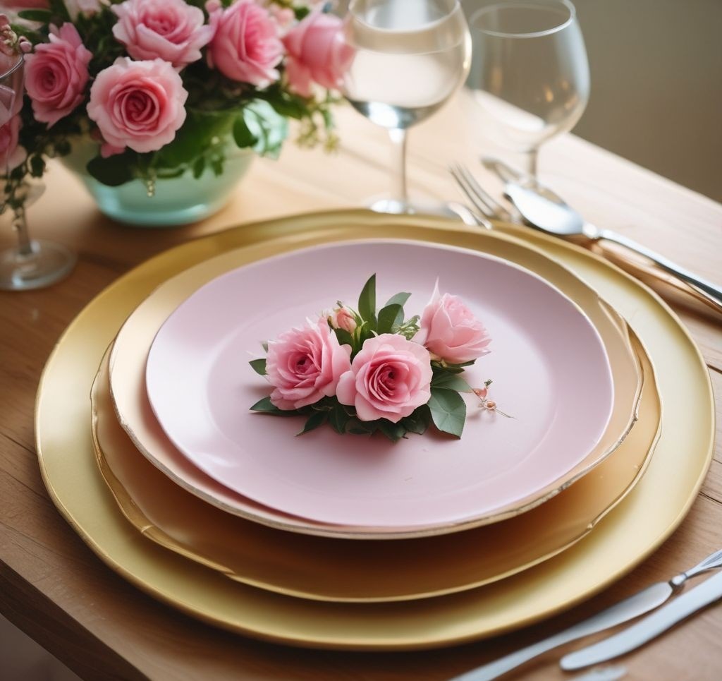 A close-up shot of a spring table setting with a gold charger plate, a pastel pink dinner plate, and a floral-patterned salad plate. The stack sits neatly on a wooden table, with a floral runner underneath for added elegance.