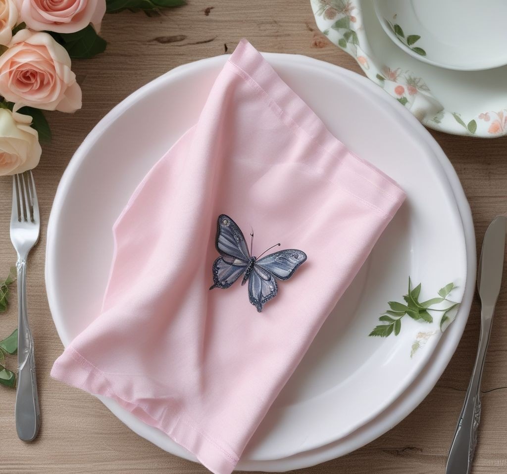 A beautifully folded cloth napkin in soft pastel pink, paired with a decorative butterfly-shaped napkin ring. The setup sits on a floral-themed plate with fresh greenery around for springtime charm.