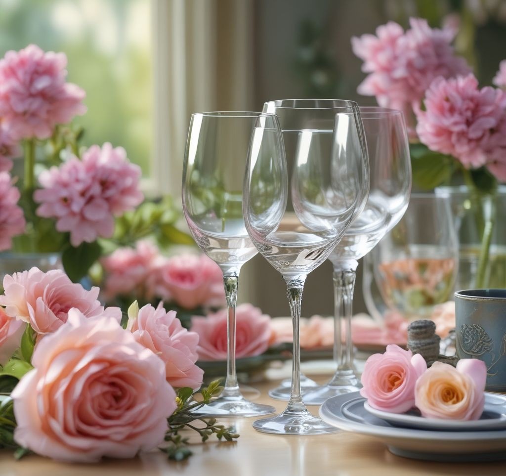 Elegant glassware setup featuring pastel-colored goblets and crystal-clear wine glasses, arranged on a spring-themed table with subtle floral accents in the background.