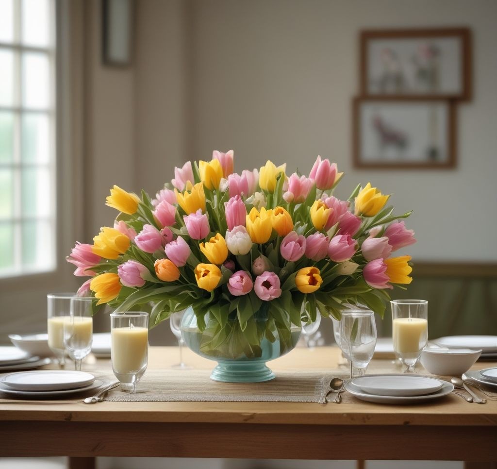 A spring table centerpiece featuring a large vase filled with fresh tulips and daffodils, surrounded by small candles in pastel-colored holders. The setup is placed on a wooden table with a floral table runner.