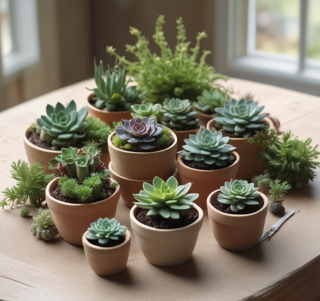A spring-inspired table adorned with small potted succulents, mini bird nests, and pastel-colored eggs scattered across the surface. The natural light enhances the earthy tones.