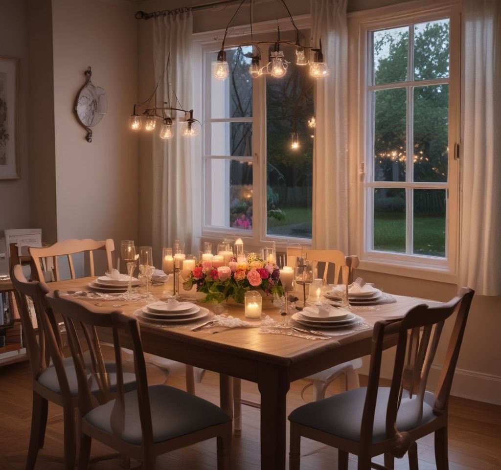 An evening spring dining table lit by soft candlelight from tealight holders and fairy lights strung above. The table decor includes fresh flowers and pastel-colored tableware.