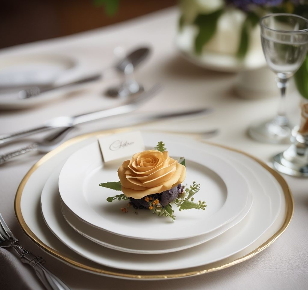 A close-up of a place setting featuring a handwritten name card tucked into a napkin ring, paired with elegant tableware. Mini floral arrangements accompany each setting for added sophistication.