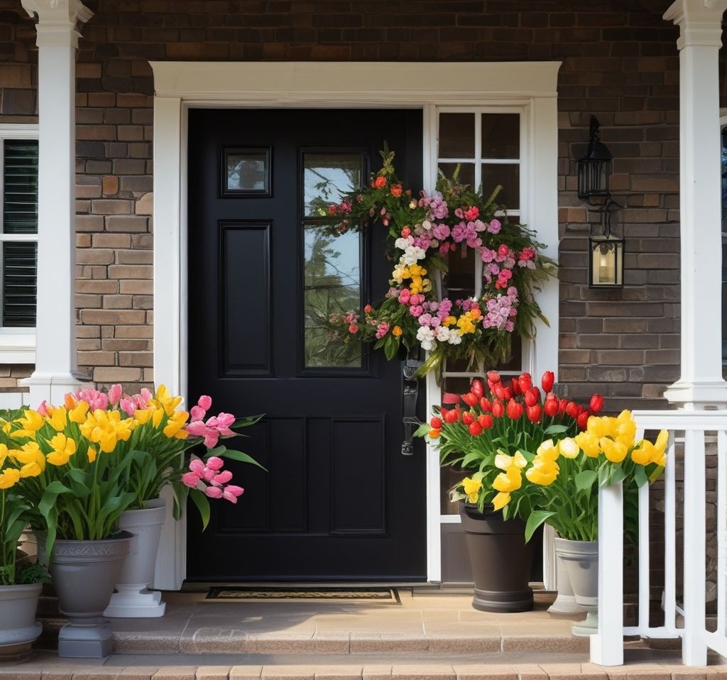 A high-resolution image of a stylish black front door with a large, vibrant spring wreath made of fresh tulips, daisies, and greenery. The wreath should have soft pastel pinks, yellows, and white flowers, standing out against the dark door. The door is framed with potted flowers and soft spring sunlight casts a warm glow on the porch.