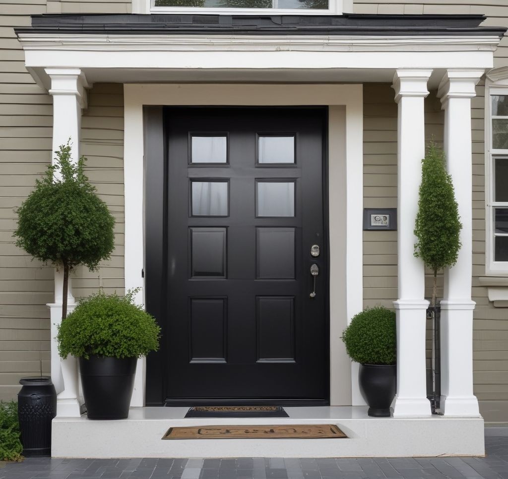 A modern, minimalist front porch with a sleek black door. A single elegant wreath, two symmetrical potted topiary plants, and a simple woven basket filled with fresh-cut flowers sit beside the door. The clean, uncluttered look highlights the door while still feeling fresh and inviting.

