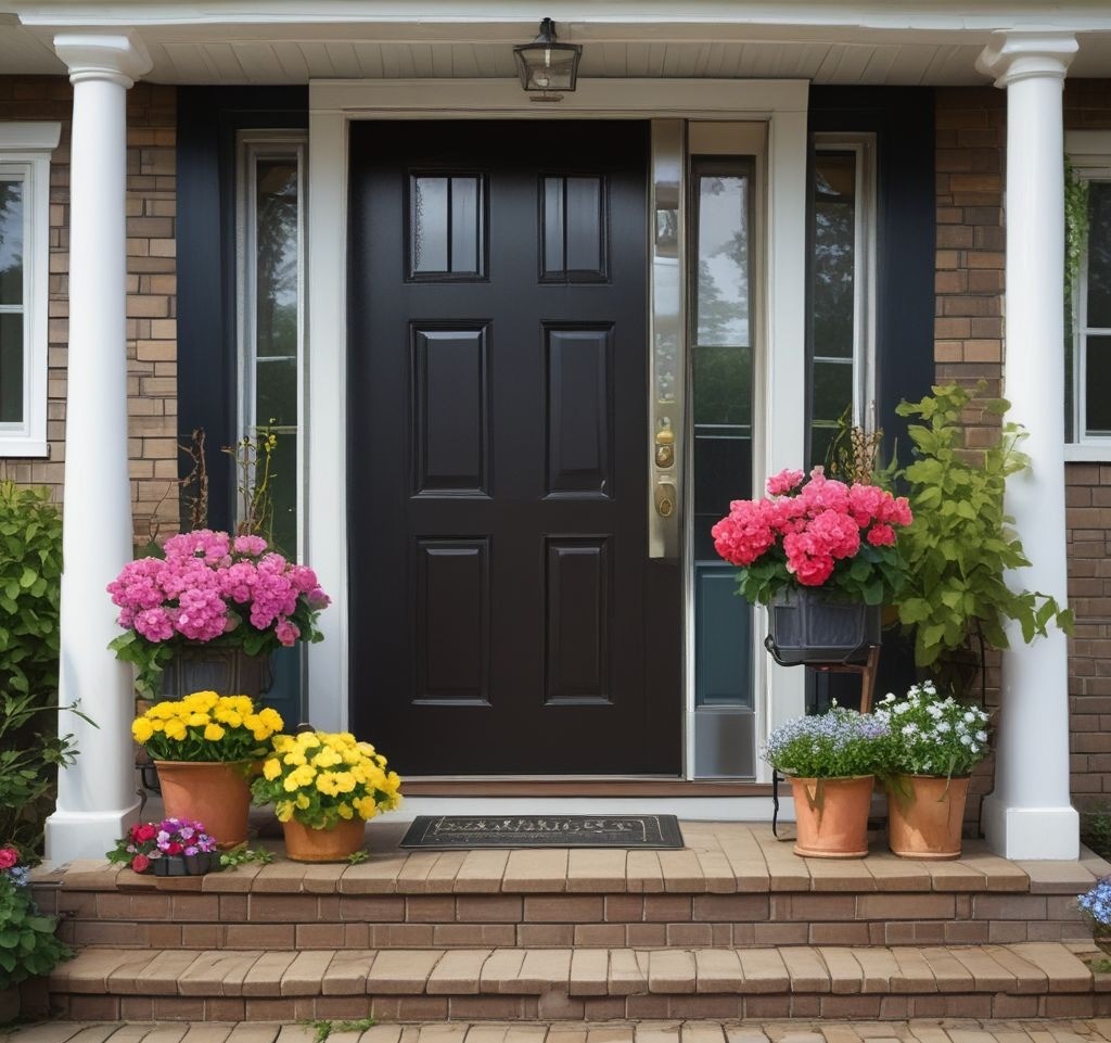 A cozy front porch with a black door, beautifully decorated with large floral planters on each side. The planters are filled with colorful hydrangeas, daffodils, and cascading ivy. A natural fiber doormat with ‘Hello Spring’ text sits in front of the door. The wooden floorboards have a fresh spring-cleaned look.