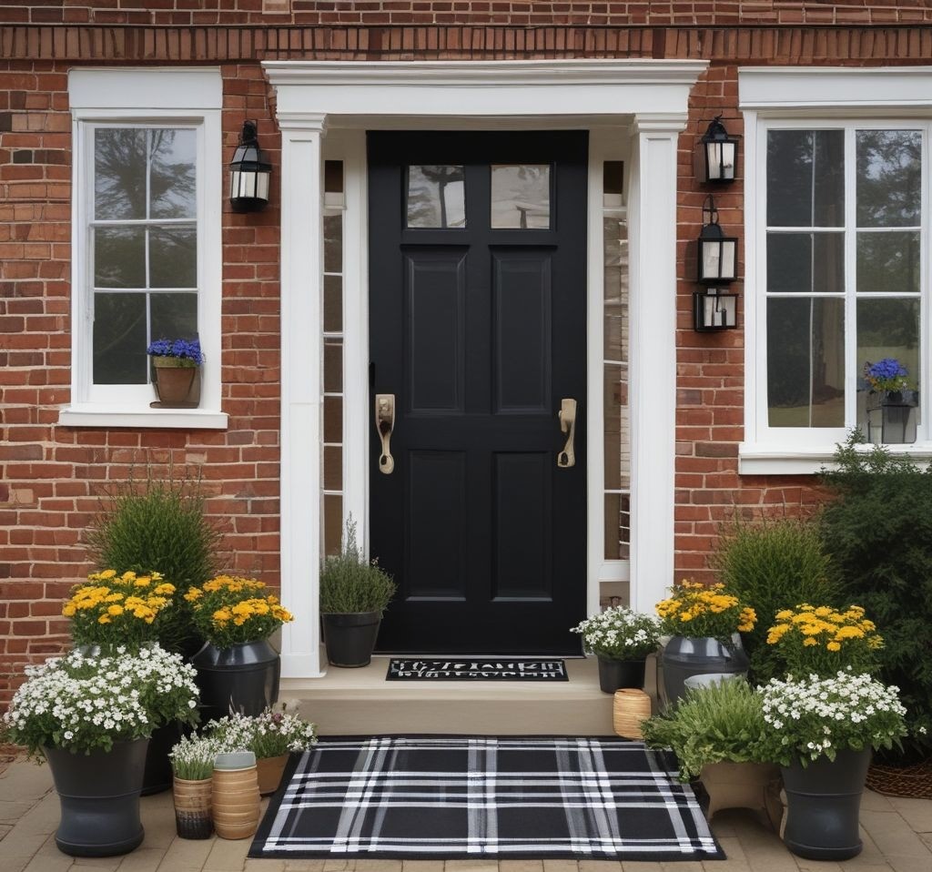 A trendy front porch with a black door, featuring a layered doormat setup. A natural coir doormat with "Welcome Home" is placed over a larger, plaid black-and-white outdoor rug. Small potted daisies and lanterns flank the door, giving the space a warm and inviting vibe.