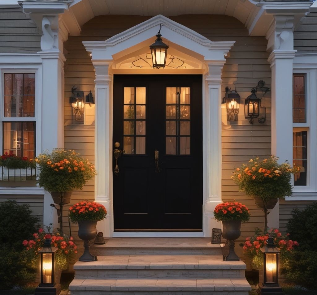 A charming black front door with warm-toned fairy lights draped around the doorway. Elegant wall-mounted lantern sconces cast a soft glow on the porch. The scene is set at dusk, with the warm lights making the space look cozy and inviting, while spring flowers in decorative pots add a pop of color.