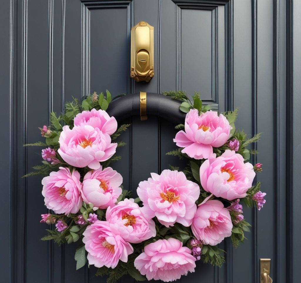A close-up shot of a modern black door featuring a gold or pastel-colored wreath hanger holding a lush floral wreath. The wreath is full of pink peonies, lavender, and eucalyptus, tied with a soft blush pink satin ribbon. The door has a stylish brass handle that complements the spring aesthetic.

