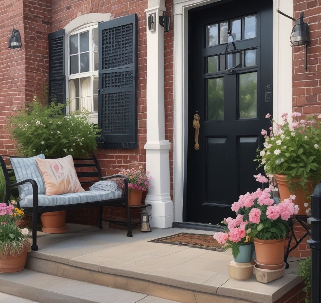 A welcoming front porch with a black door, featuring a small seating area. A rustic wooden bench with fluffy pastel throw pillows in floral and gingham patterns sits next to the door. A white knit throw blanket is draped over the bench, and a steaming cup of coffee rests on a side table with a vase of fresh spring flowers.

