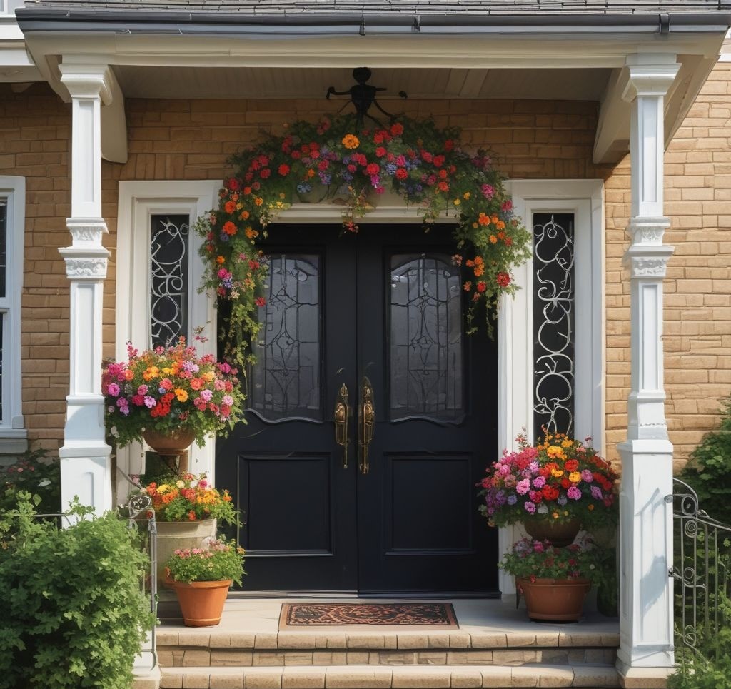 A picturesque black door with two symmetrical hanging baskets filled with overflowing colorful spring flowers, such as petunias, violets, and ivy. The baskets are made of woven rattan, suspended from elegant wrought-iron hooks attached to the porch ceiling.
