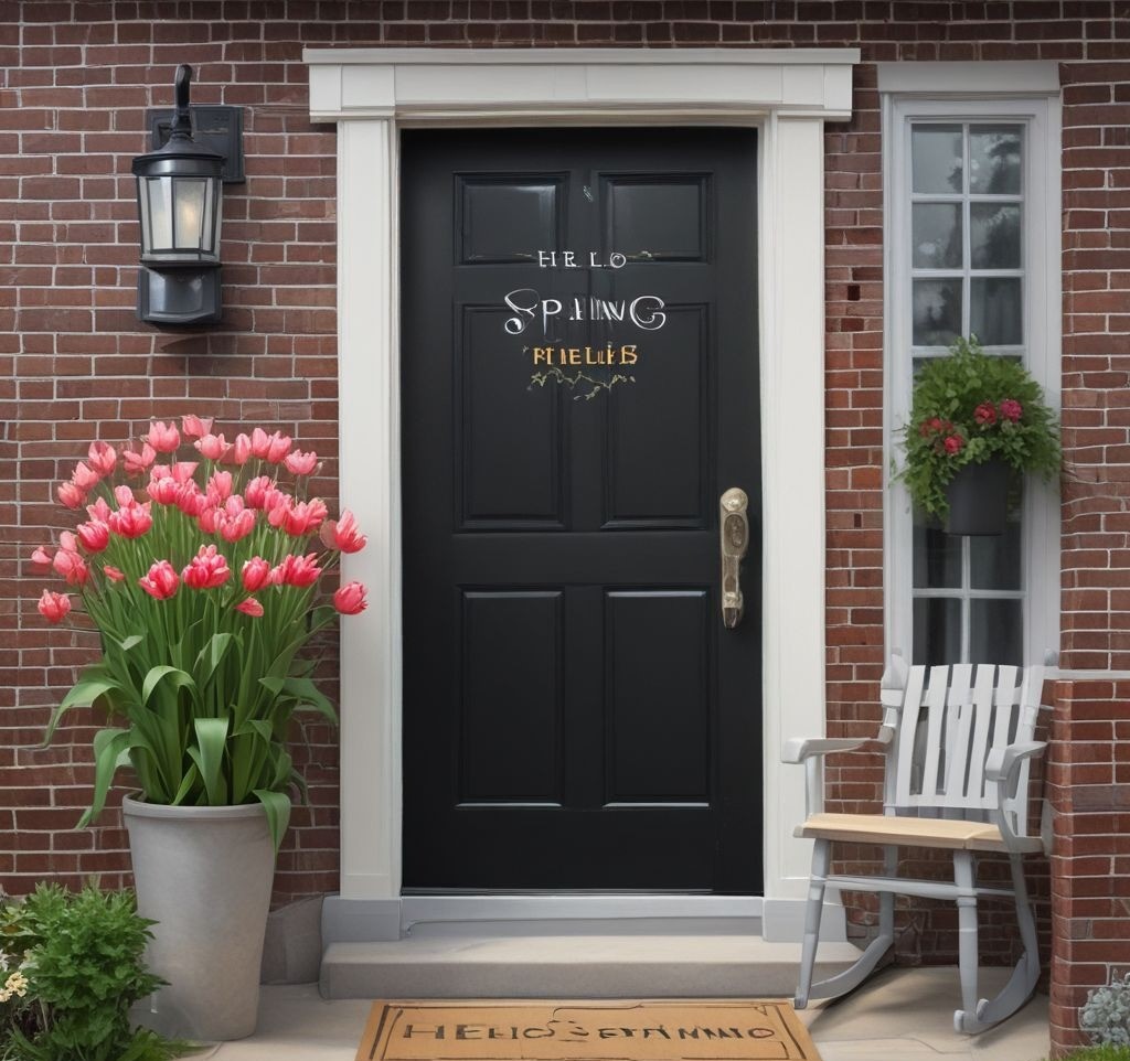  A stylish black door with a vertical wooden porch sign reading "Hello Spring" in soft pastel colors. The sign leans against the wall next to the door, surrounded by potted tulips and a white rocking chair. The scene feels fresh and airy, capturing the essence of spring.