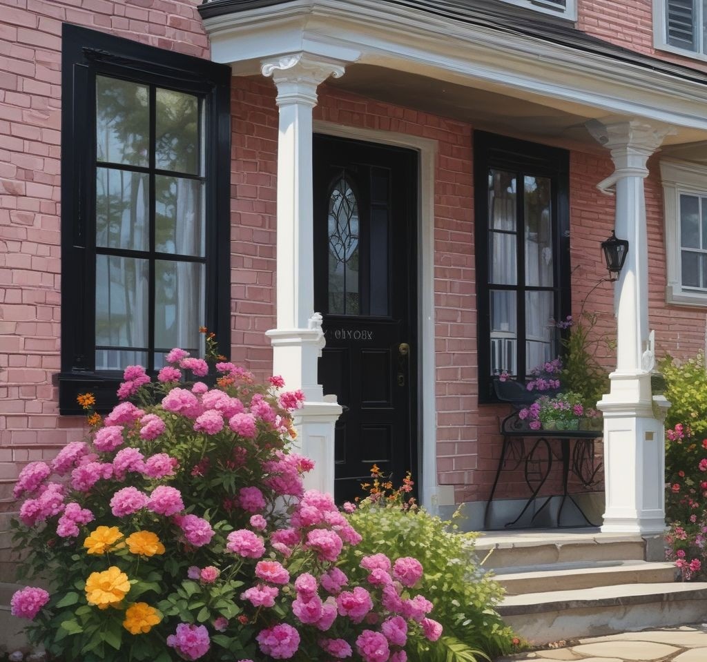 A charming front porch with a black door and matching black window frames, featuring window boxes filled with overflowing pink, yellow, and purple flowers. The lush blooms contrast beautifully against the dark accents, while the porch is bathed in bright springtime sunlight.

