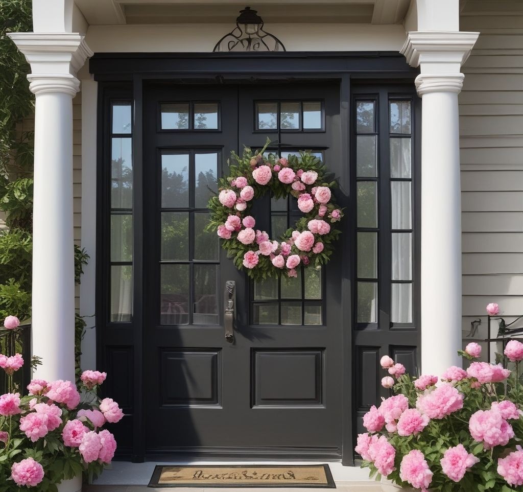 A stunning black front door with a vibrant spring wreath made of fresh peonies, hydrangeas, and roses in pastel shades of pink, lavender, and cream. The wreath is intertwined with eucalyptus leaves, adding a soft greenery touch. The door is framed by a classic white porch with warm morning sunlight casting a glow on the setup, giving a fresh and inviting spring vibe.