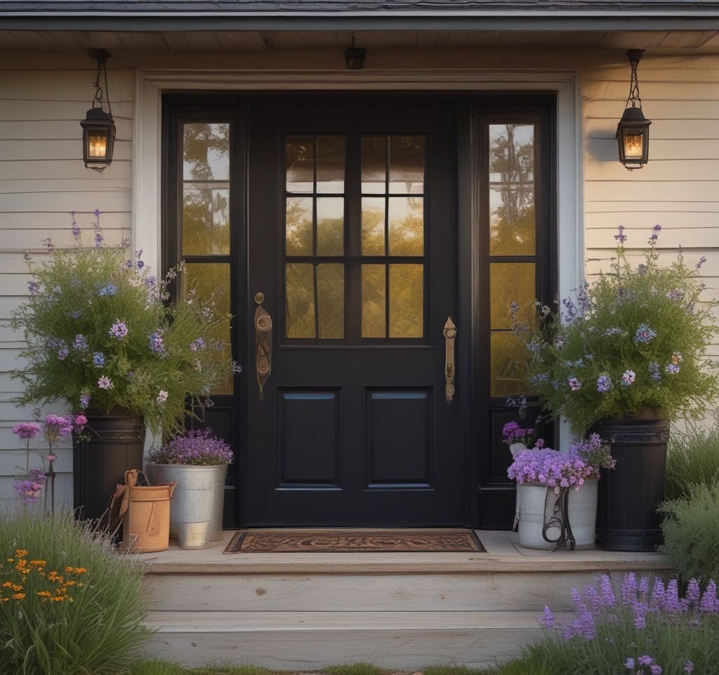 A black front door with a vintage-style porch setting: an antique wooden bench with floral-patterned cushions, a distressed white farmhouse-style welcome sign, and a galvanized metal bucket filled with fresh lavender and wildflowers. The entire scene is softly illuminated by golden-hour sunlight.
