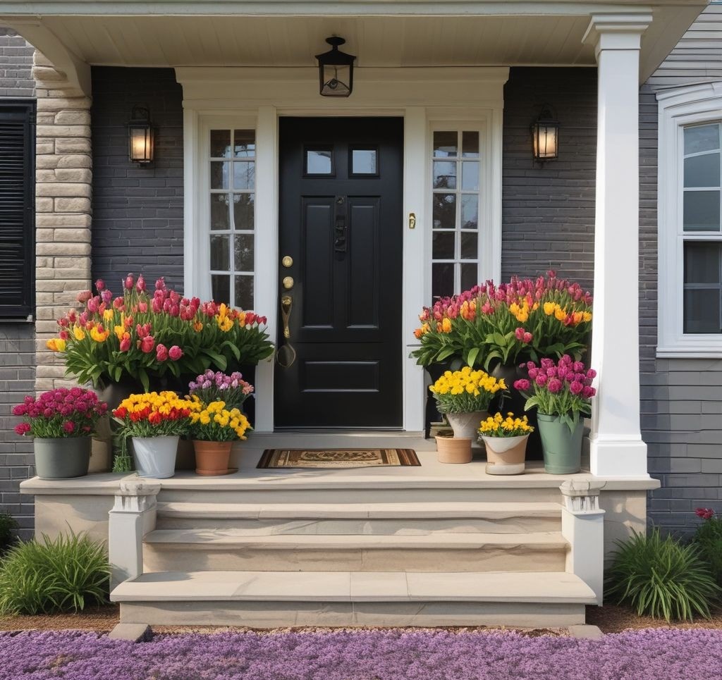 A stylish black front door with two large, decorative ceramic planters on either side, overflowing with colorful tulips, daffodils, and purple hyacinths. The front porch features a neutral woven doormat, with delicate string lights wrapped around the porch railing, creating a cozy and welcoming spring ambiance.