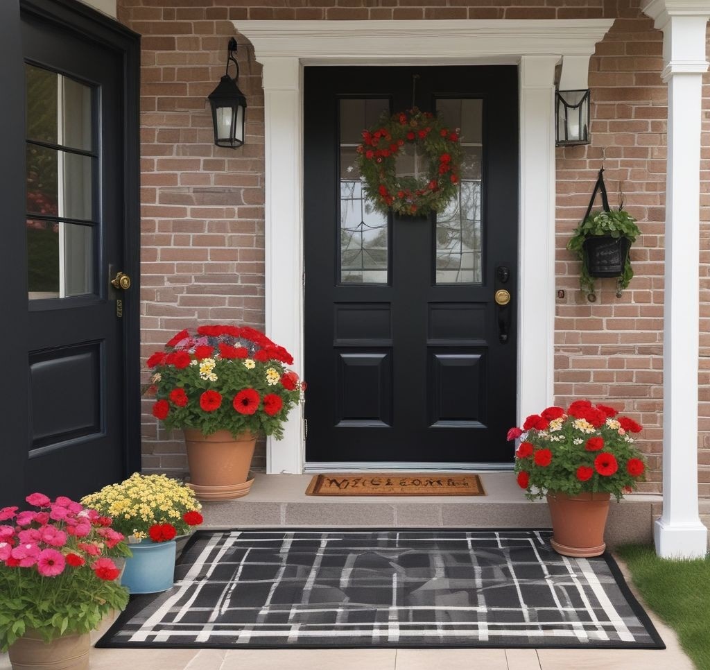 A modern black front door with a layered doormat setup: a larger buffalo plaid rug underneath a smaller, textured "Welcome Spring" mat. The porch has neatly arranged flower pots, featuring bright daisies and petunias, complementing the cheerful and cozy spring atmosphere.