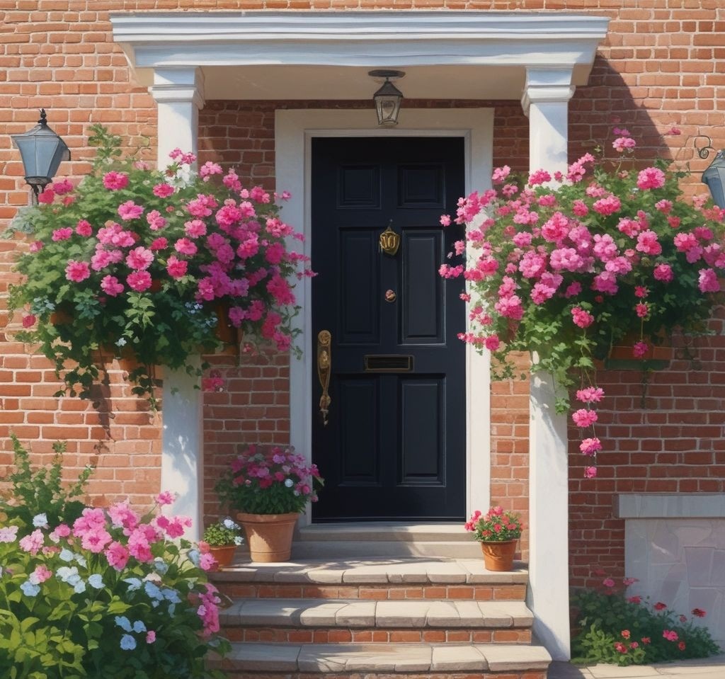A black front door framed by two hanging wicker baskets overflowing with cascading spring flowers like fuchsia petunias, ivy, and white jasmine. The soft breeze slightly lifts the petals, and the background features a light brick or white wood wall for a charming contrast.