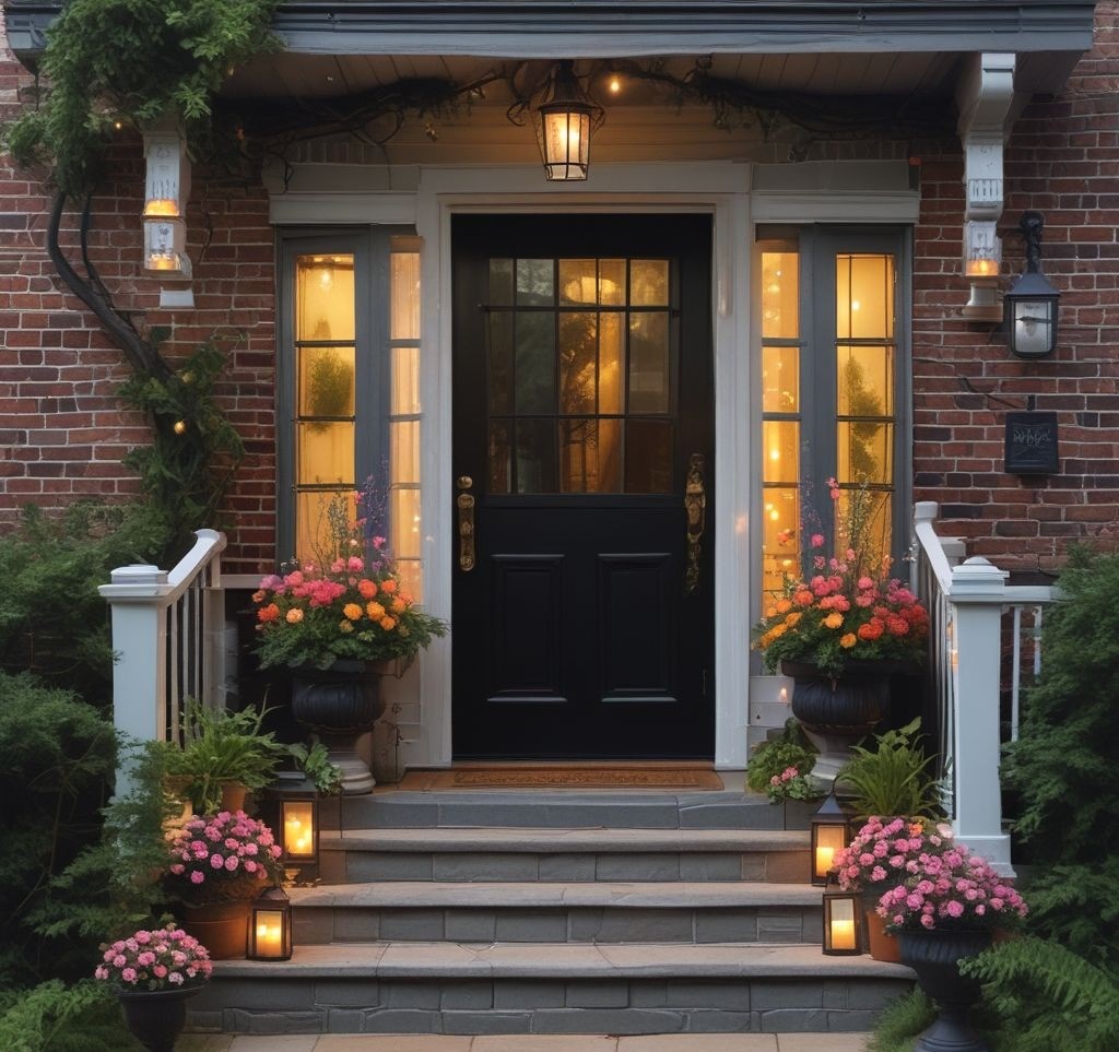 A cozy black front door decorated for spring with warm-toned lanterns placed on each side, containing glowing candles. Twinkling fairy lights are draped along the porch railing, while small potted ferns and pastel-hued flower arrangements add a fresh touch.