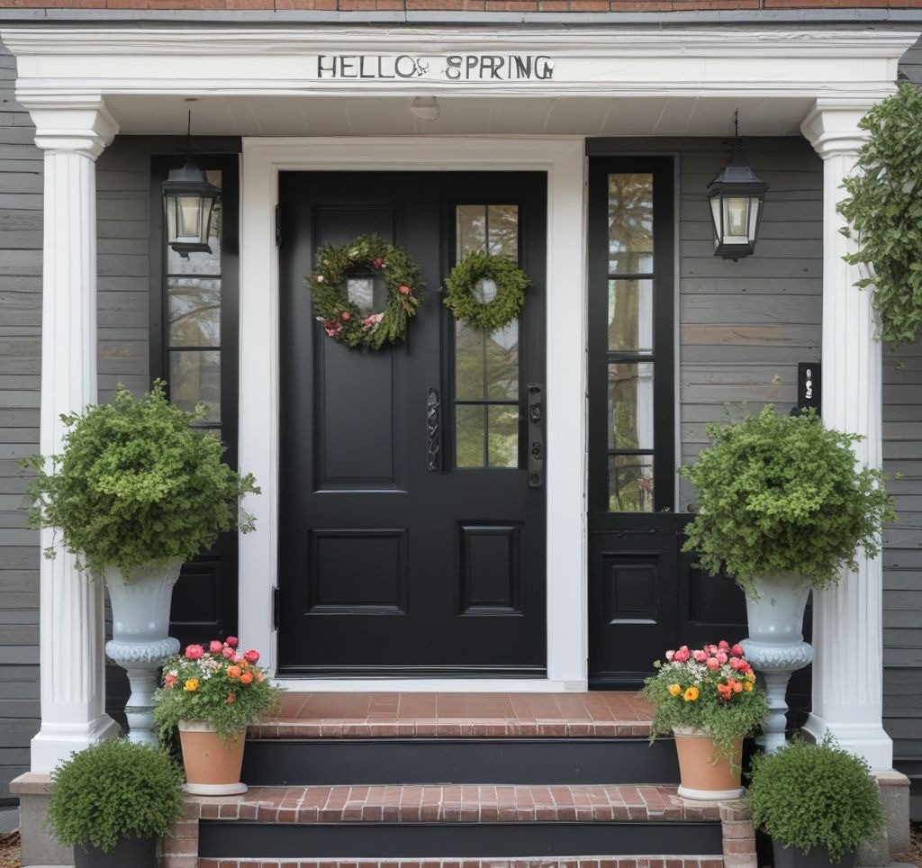 A black front door featuring a chic wooden spring-themed sign with "Hello Spring" in elegant cursive font, hanging slightly to the side of the door. Surrounding the entrance are fresh green garlands, a floral wreath, and small pastel-colored watering cans placed as decor elements on the porch steps.