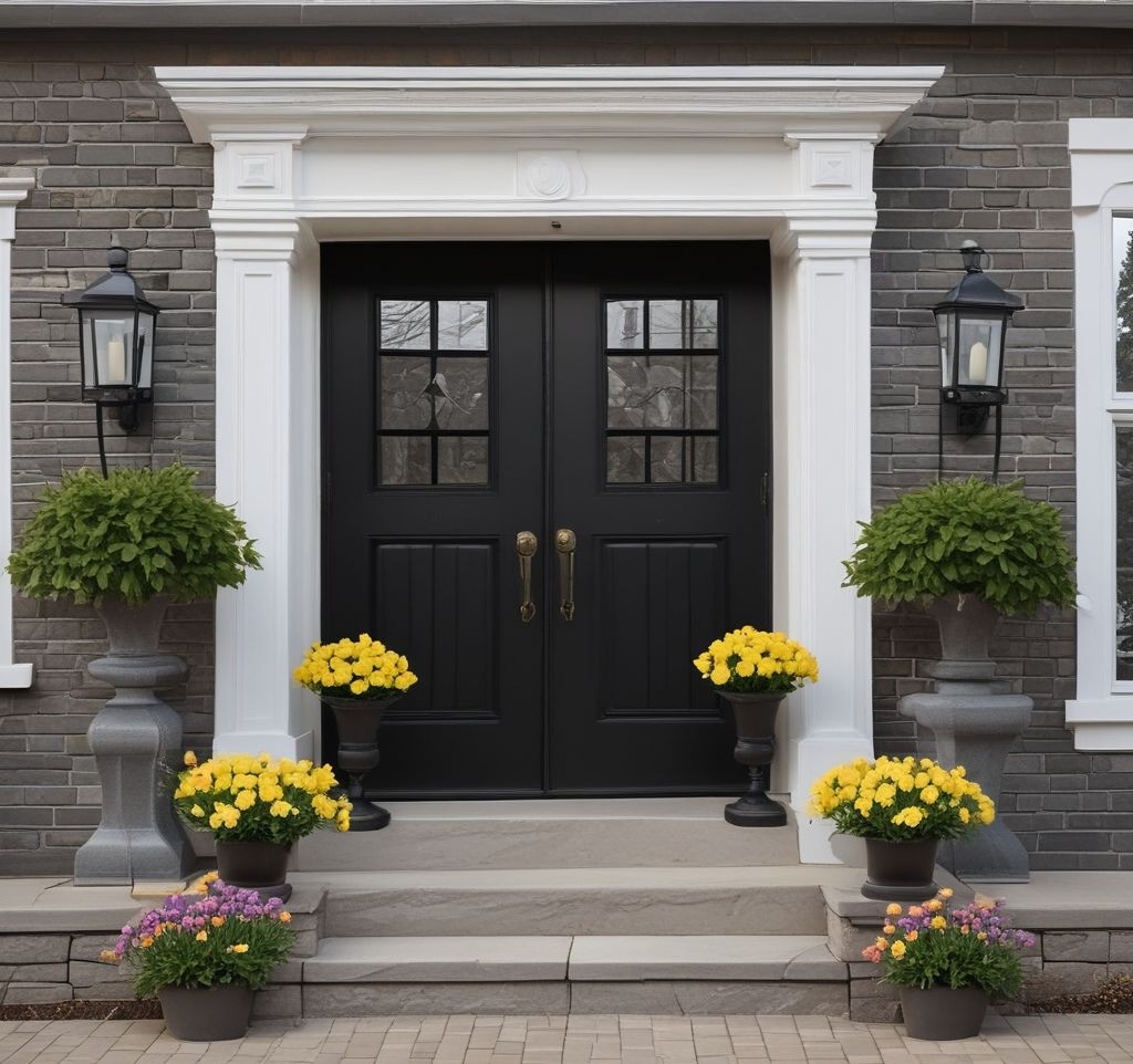 A black front door with two elegant stone urn planters placed symmetrically, filled with a mix of yellow daffodils, purple pansies, and soft white tulips. The porch is designed with a clean and minimalistic aesthetic, featuring a simple white rocking chair and a classic lantern sconce on the wall.