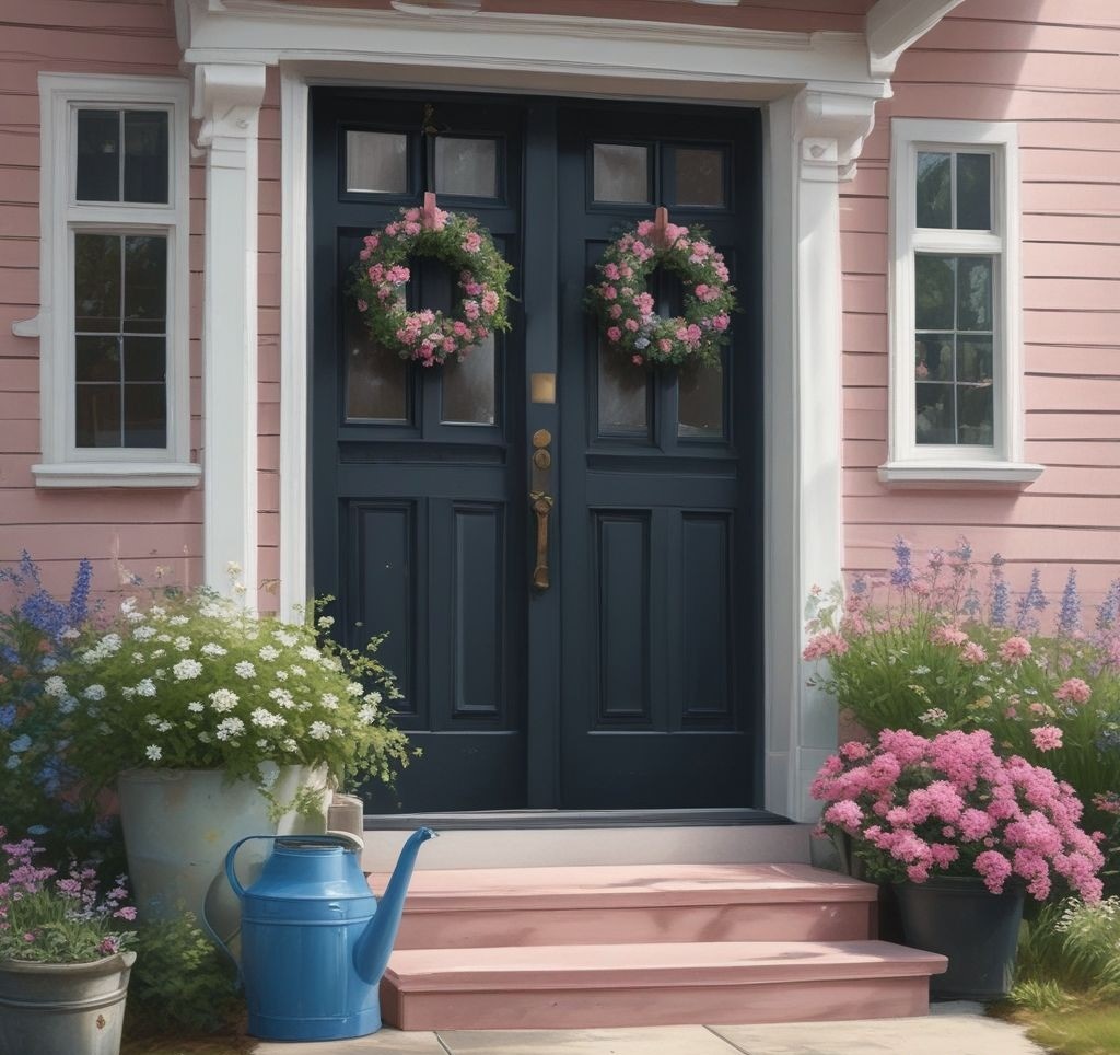 A sophisticated black front door with a spring theme, featuring a soft pink floral wreath, a light mint-green welcome mat, and matching pastel-colored throw pillows on a nearby porch bench. A pastel blue watering can with freshly picked wildflowers sits by the door, adding a touch of vintage charm.