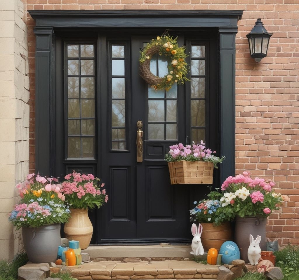 A festive black front door decorated for spring with a rustic wooden crate filled with pastel-painted Easter eggs and fresh flowers. A charming bunny-shaped wreath hangs on the door, and a burlap ribbon bow ties the theme together. The soft morning sun enhances the cozy, cheerful atmosphere.