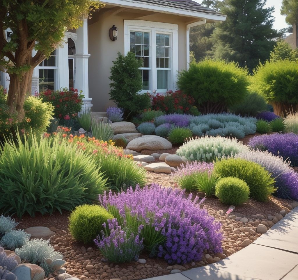  A beautifully landscaped front yard featuring a drought-tolerant flower bed with lavender, succulents, and ornamental grasses. A curved stone border defines the bed, with a gravel mulch base for low maintenance. A charming suburban home with a white picket fence in the background.