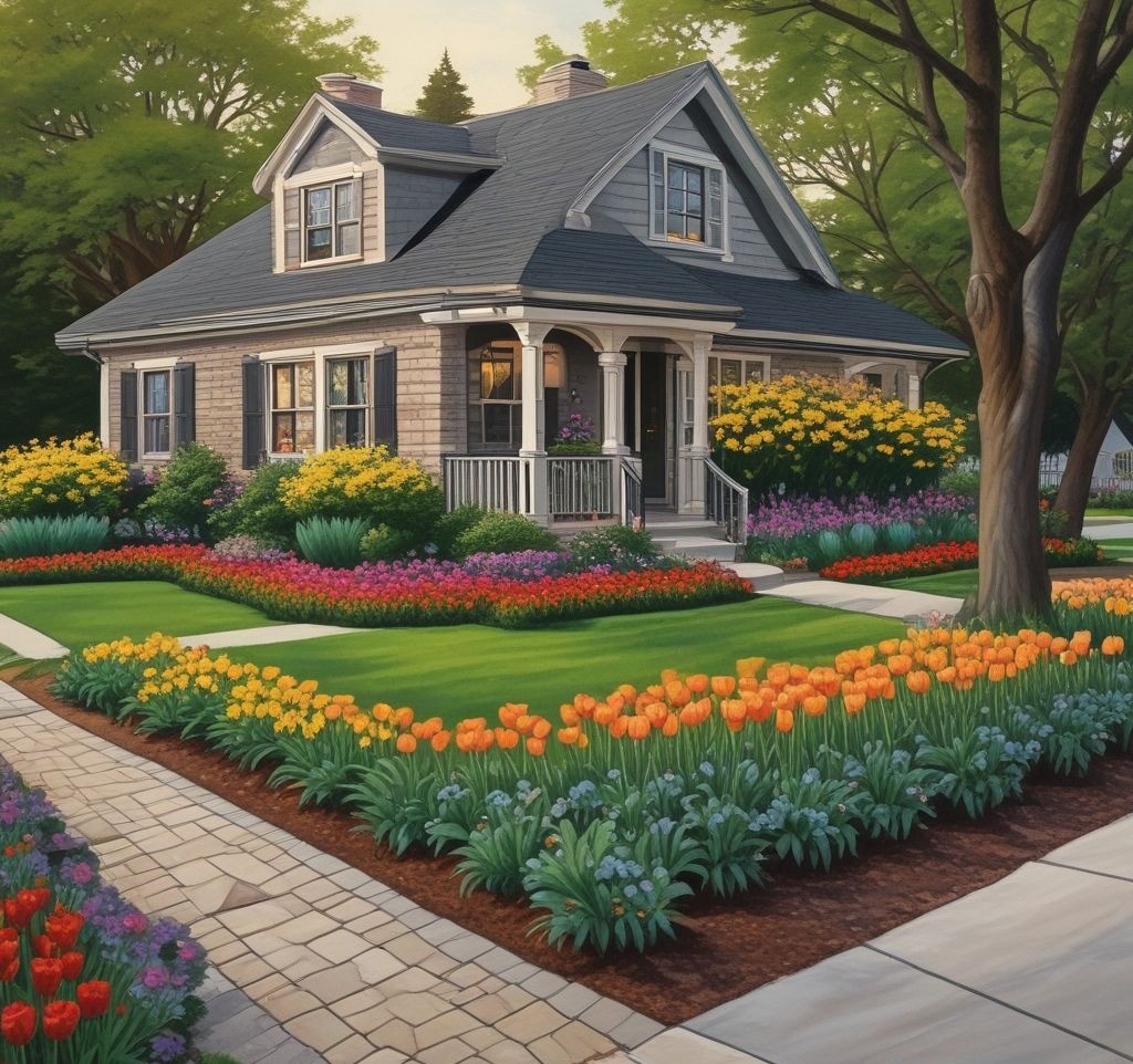  A front yard with a neatly lined flower bed bordering the driveway, filled with bright tulips, daffodils, and low-growing shrubs. A classic black wrought-iron fence separates the flower bed from the lawn. A suburban house with a gabled roof and soft outdoor lighting is visible in the evening glow.